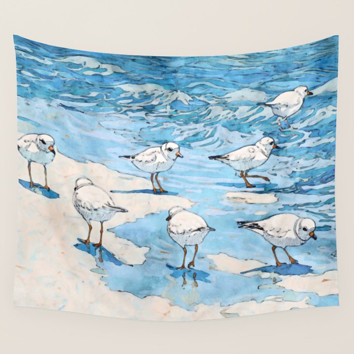 Piping Plovers in the Surf Watercolor Wall Tapestry Gallery Image 4