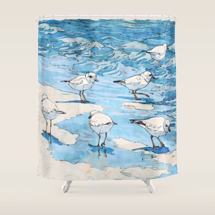 Piping Plovers in the Surf Watercolor Shower Curtain Gallery Image 1