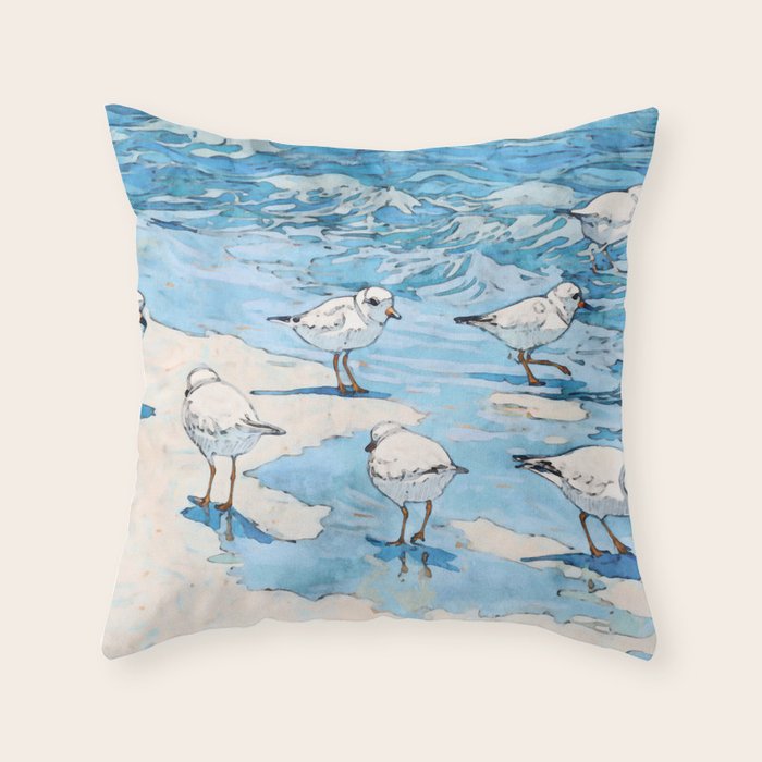 Piping Plovers in the Surf Watercolor Throw Pillow Gallery Image 6