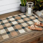 Cozy heirloom Rustic plaid Geometric Gold Navy Outdoor Rug Gallery Image 2