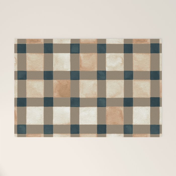 Cozy heirloom Rustic plaid Geometric Gold Navy Welcome Mat Gallery Image 1