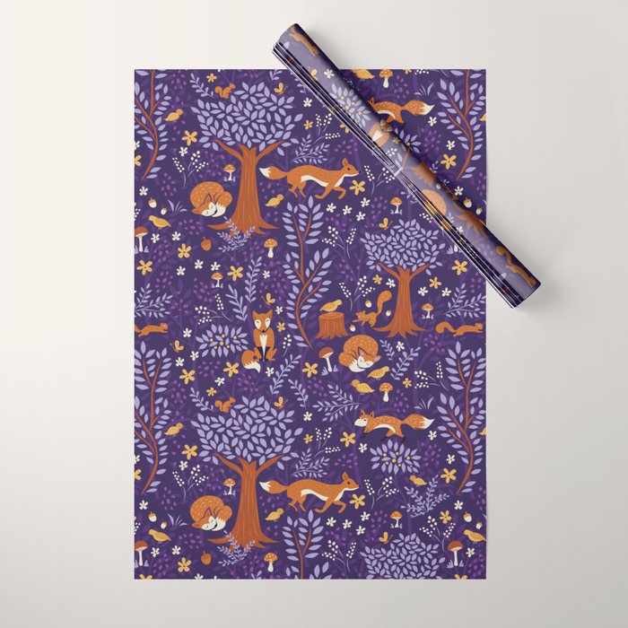 Foxes Playing in a Purple Forest Wrapping Paper Gallery Image 1
