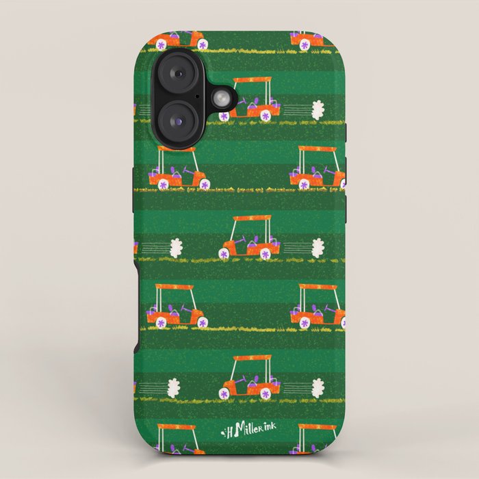 Retro Golf Cart Rides in Emerald Green & Orange iPhone Case Gallery Image 1