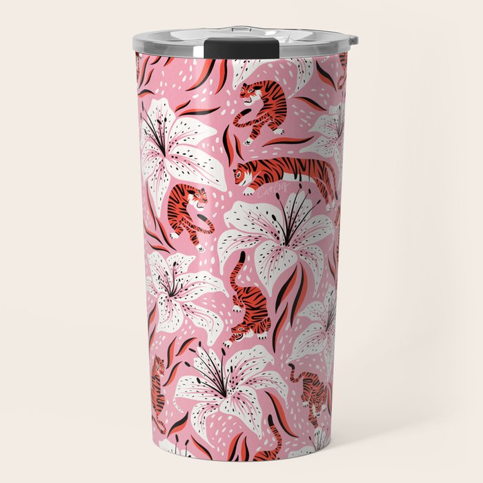 Tigers & Tiger Lilies - Vermilion & Pink Travel Mug Gallery Image 1