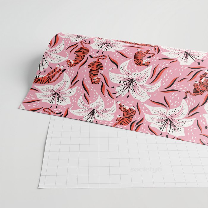 Tigers & Tiger Lilies - Vermilion & Pink Wrapping Paper Gallery Image 2