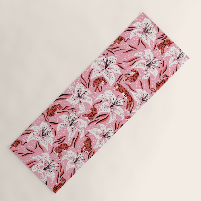 Tigers & Tiger Lilies - Vermilion & Pink Yoga Mat Gallery Image 1