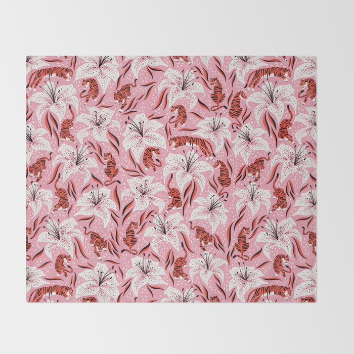 Tigers & Tiger Lilies - Vermilion & Pink Throw Blanket Gallery Image 2