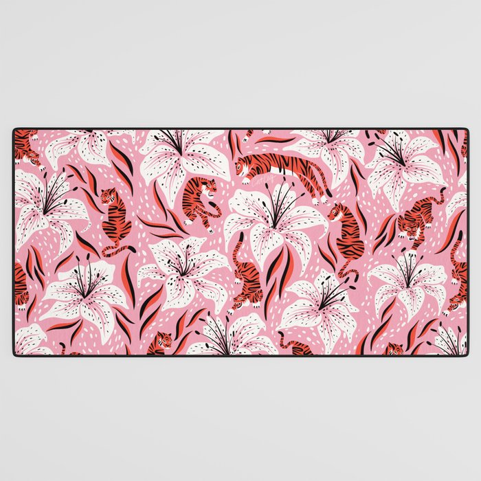 Tigers & Tiger Lilies - Vermilion & Pink Desk Mat Gallery Image 3