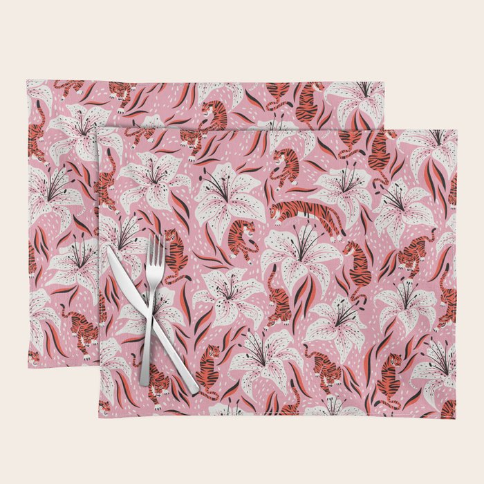 Tigers & Tiger Lilies - Vermilion & Pink Placemat Gallery Image 1