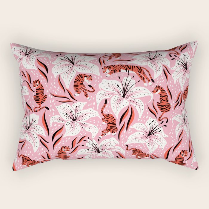 Tigers & Tiger Lilies - Vermilion & Pink Rectangular Pillow Gallery Image 2