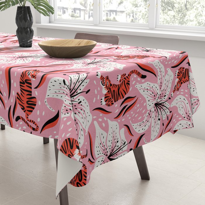 Tigers & Tiger Lilies - Vermilion & Pink Tablecloth Gallery Image 3