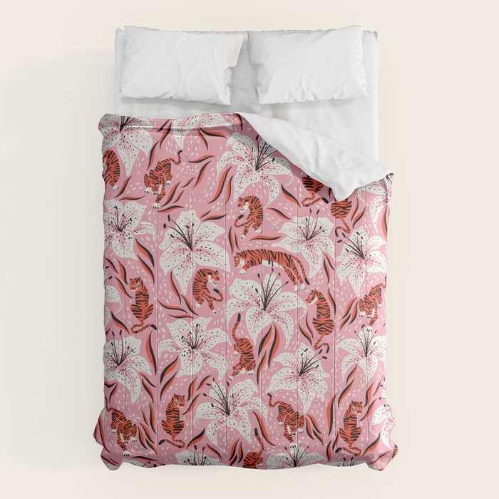 Tigers & Tiger Lilies - Vermilion & Pink Comforter Gallery Image 6