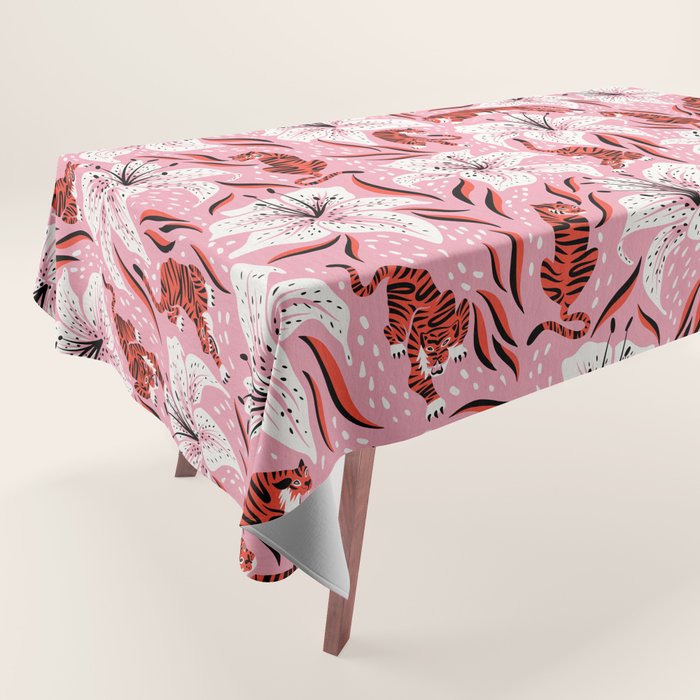 Tigers & Tiger Lilies - Vermilion & Pink Tablecloth Gallery Image 1