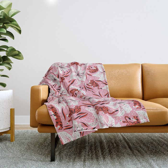 Tigers & Tiger Lilies - Vermilion & Pink Throw Blanket Gallery Image 1