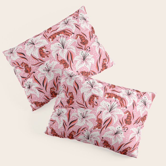 Tigers & Tiger Lilies - Vermilion & Pink Pillow Sham Gallery Image 3