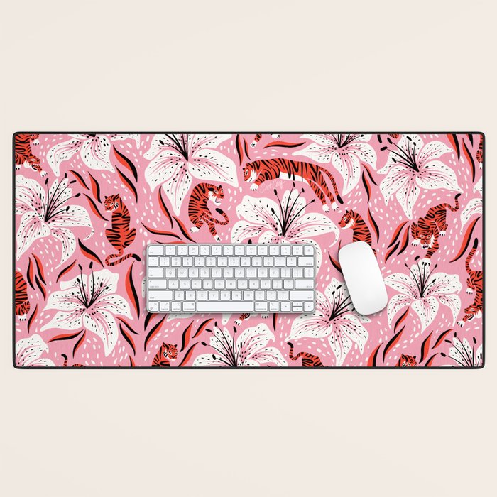 Tigers & Tiger Lilies - Vermilion & Pink Desk Mat Gallery Image 1