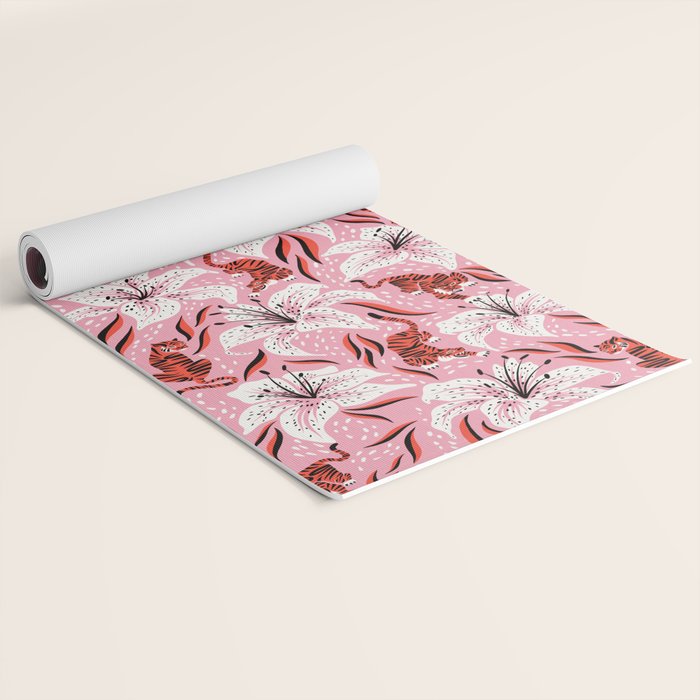 Tigers & Tiger Lilies - Vermilion & Pink Yoga Mat Gallery Image 2