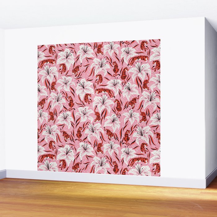 Tigers & Tiger Lilies - Vermilion & Pink Wall Mural Gallery Image 2