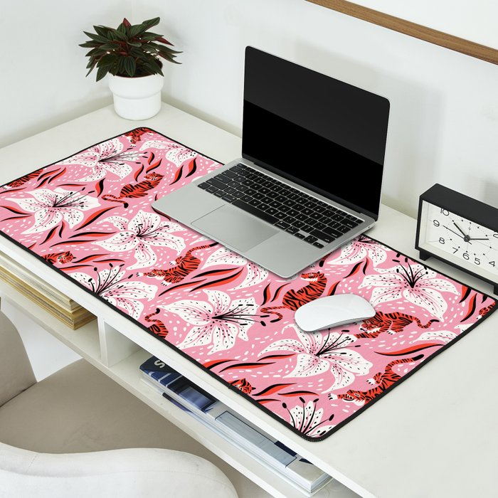 Tigers & Tiger Lilies - Vermilion & Pink Desk Mat Gallery Image 2