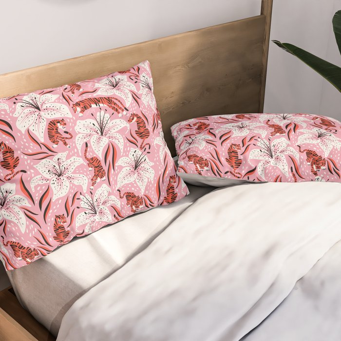 Tigers & Tiger Lilies - Vermilion & Pink Pillow Sham Gallery Image 2