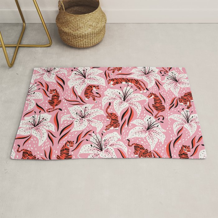 Tigers & Tiger Lilies - Vermilion & Pink Rug Gallery Image 1