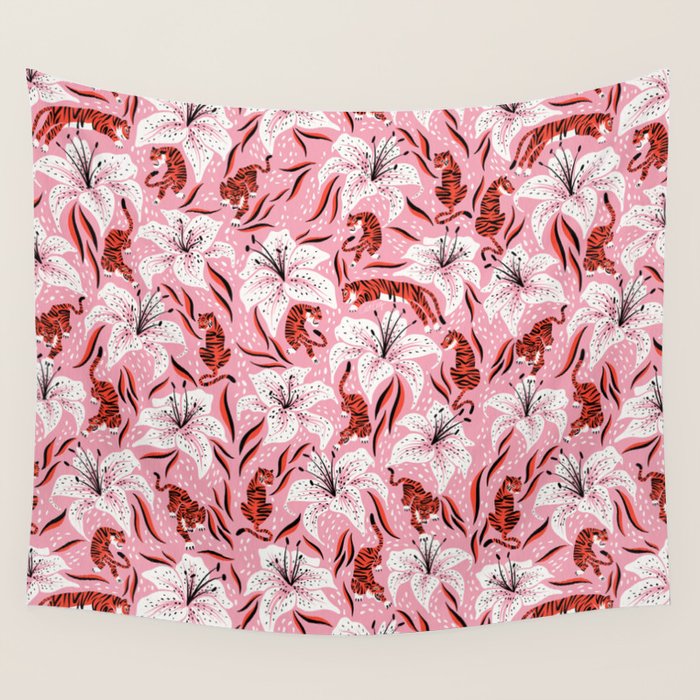 Tigers & Tiger Lilies - Vermilion & Pink Wall Tapestry Gallery Image 1