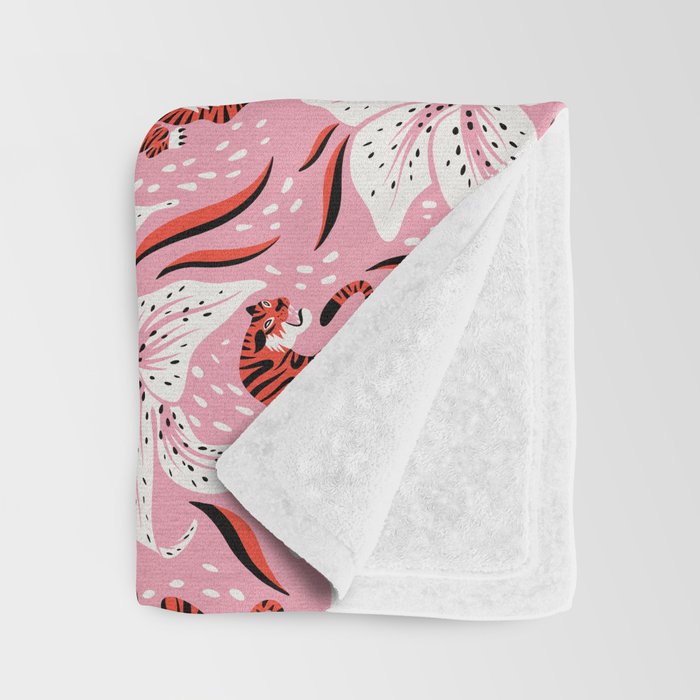 Tigers & Tiger Lilies - Vermilion & Pink Throw Blanket Gallery Image 3