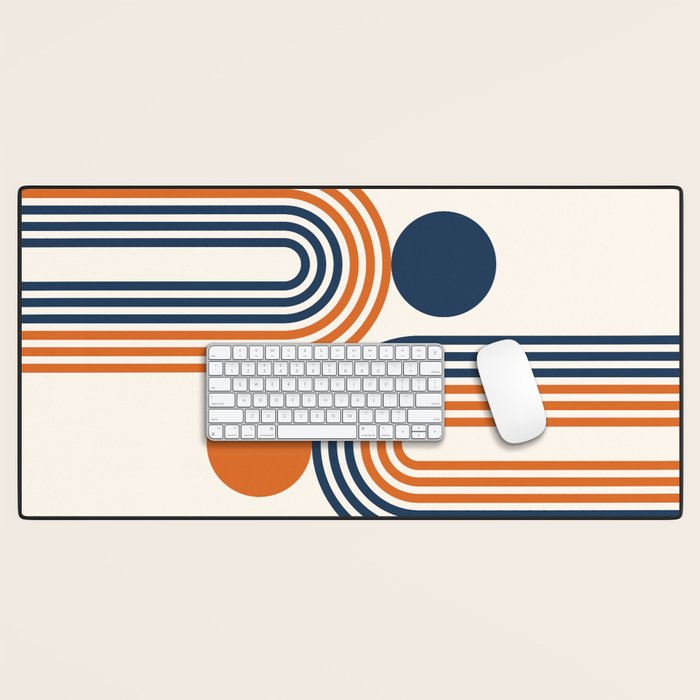 Mid Century Modern Geometric 450 in Navy Blue and Orange (Rainbow and Sun Abstraction) Desk Mat Gallery Image 1