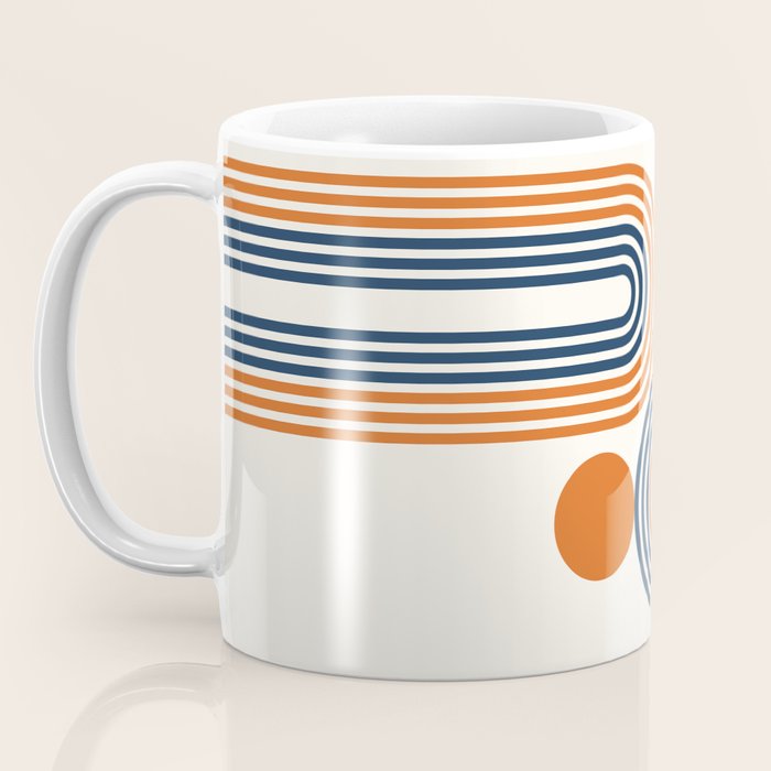 Mid Century Modern Geometric 450 in Navy Blue and Orange (Rainbow and Sun Abstraction) Coffee Mug Gallery Image 3