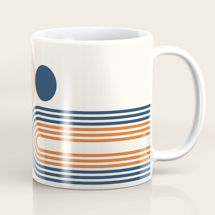 Mid Century Modern Geometric 450 in Navy Blue and Orange (Rainbow and Sun Abstraction) Coffee Mug Gallery Image 1
