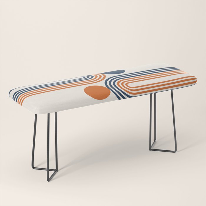 Mid Century Modern Geometric 450 in Navy Blue and Orange (Rainbow and Sun Abstraction) Bench Gallery Image 1