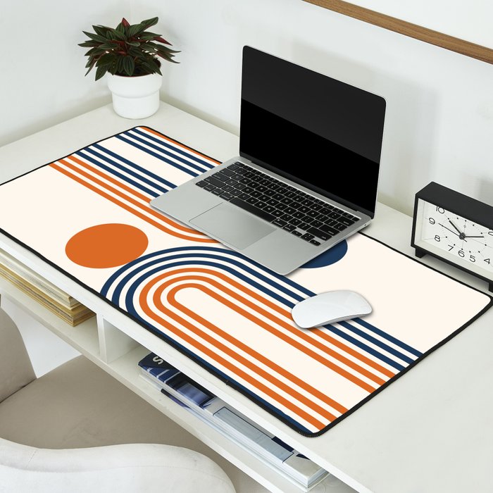 Mid Century Modern Geometric 450 in Navy Blue and Orange (Rainbow and Sun Abstraction) Desk Mat Gallery Image 2