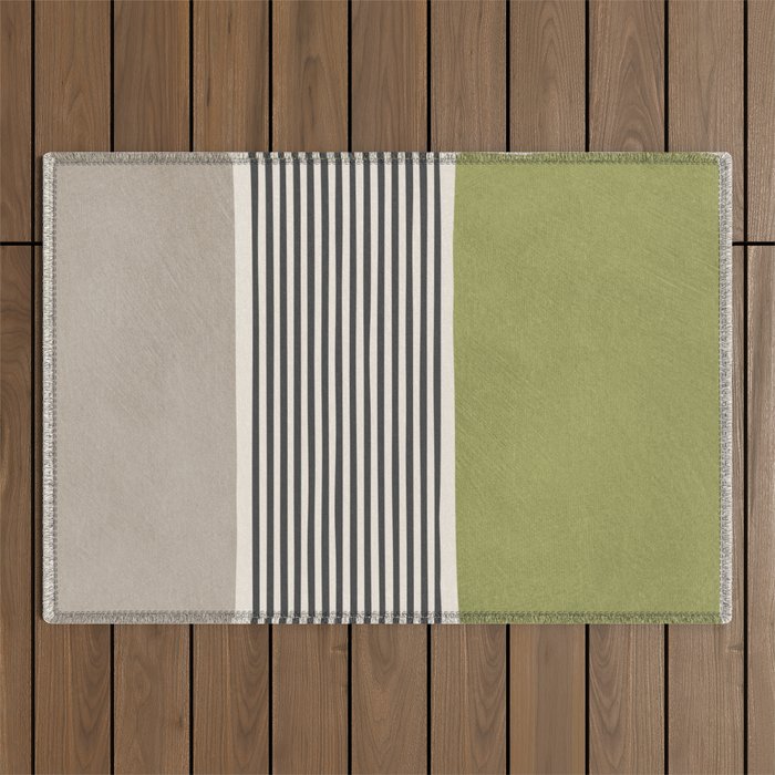 Green Beige Black Lines Artwork II Outdoor Rug