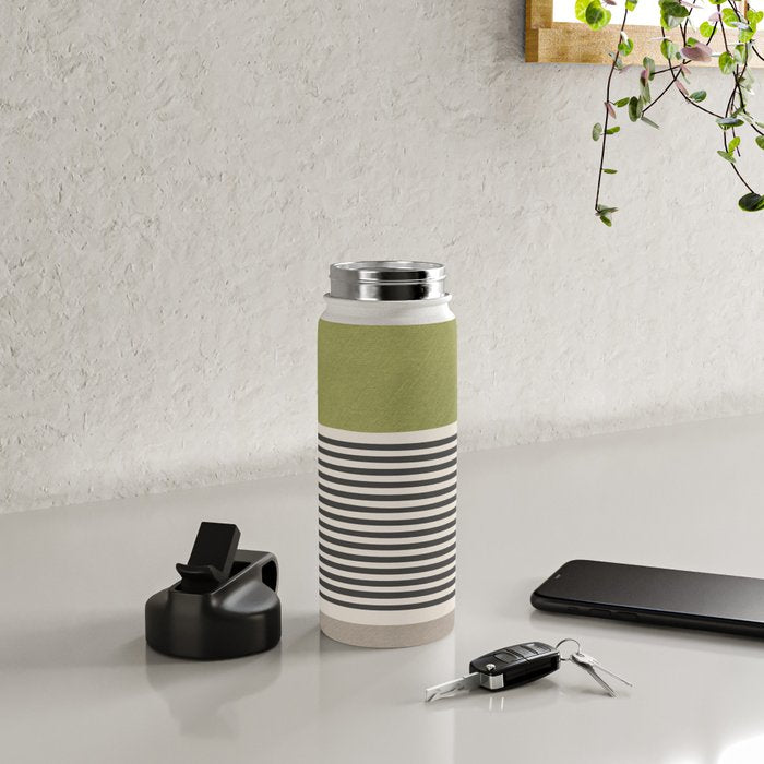 Green Beige Black Lines Artwork II Water Bottle Gallery Image 4