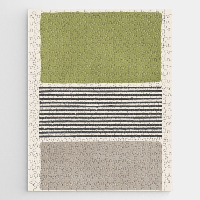 Green Beige Black Lines Artwork II Jigsaw Puzzle
