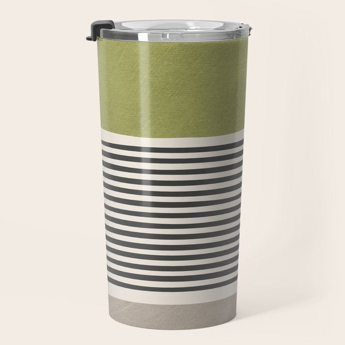Green Beige Black Lines Artwork II Travel Mug Gallery Image 3