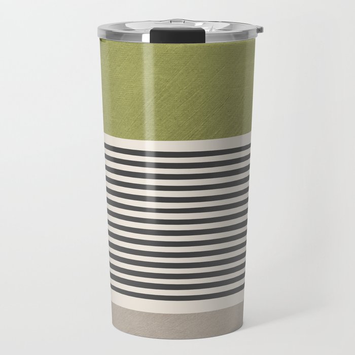 Green Beige Black Lines Artwork II Travel Mug Gallery Image 1