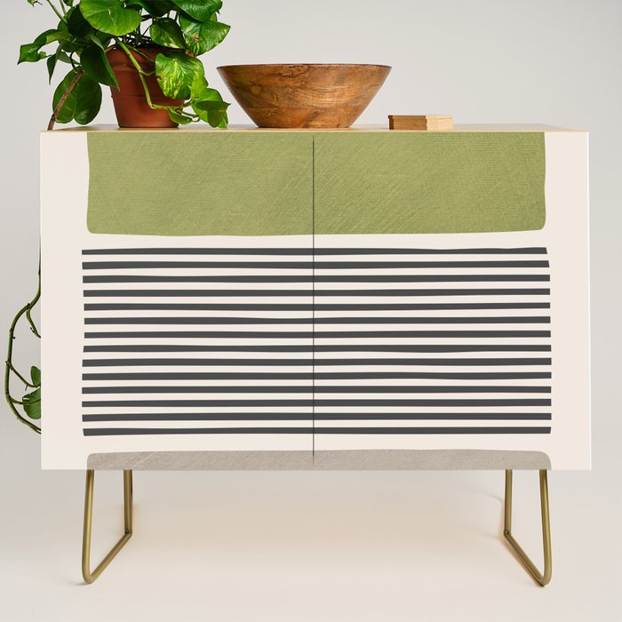 Green Beige Black Lines Artwork II Credenza Gallery Image 1