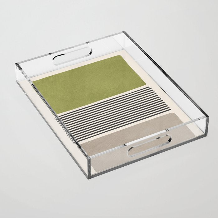 Green Beige Black Lines Artwork II Acrylic Tray Gallery Image 1