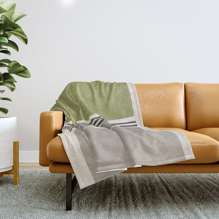 Green Beige Black Lines Artwork II Throw Blanket Gallery Image 1