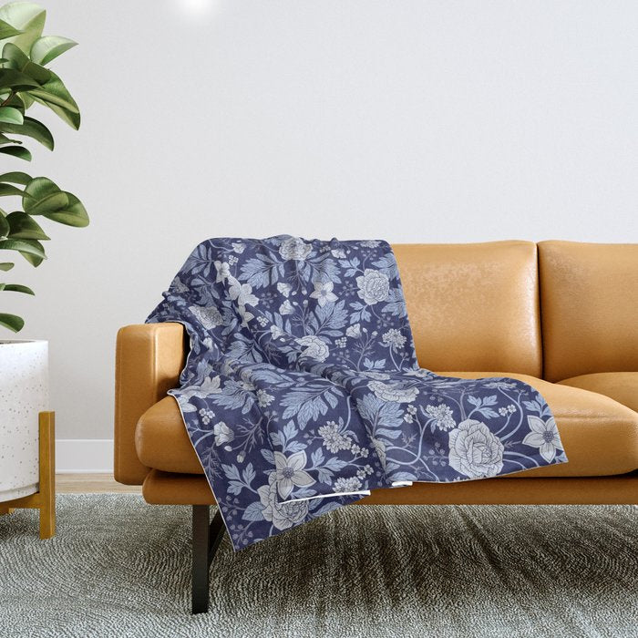 Light Blue, Cobalt Blue, & White Floral Pattern Throw Blanket Gallery Image 1