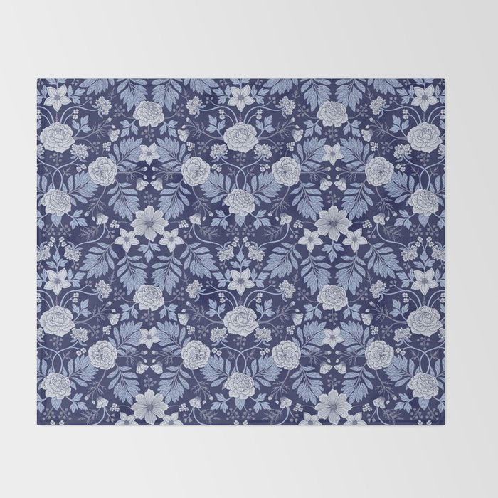 Light Blue, Cobalt Blue, & White Floral Pattern Throw Blanket Gallery Image 2