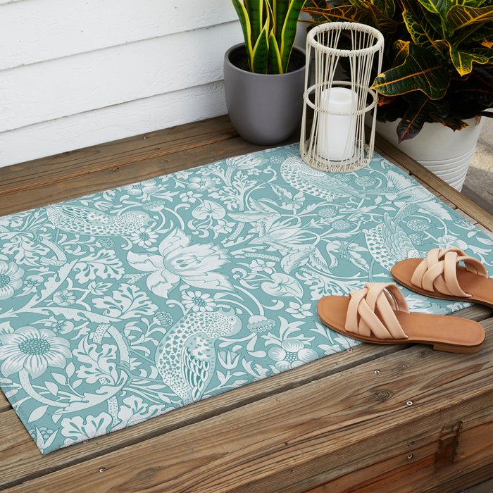 William Morris Strawberry Thief Aqua Teal Outdoor Rug Gallery Image 2