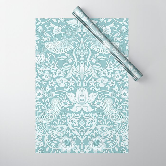 William Morris Strawberry Thief Aqua Teal Wrapping Paper Gallery Image 1