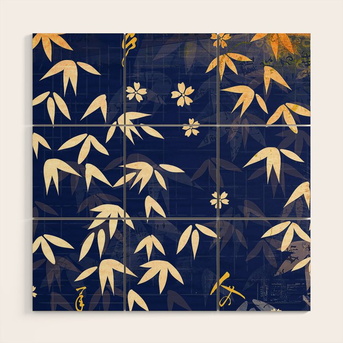 Vintage Japanese Paper Design Floral Pattern In Midnight Blue Wood Wall Art Gallery Image 1