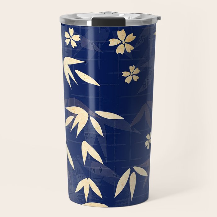 Vintage Japanese Paper Design Floral Pattern In Midnight Blue Travel Mug Gallery Image 1