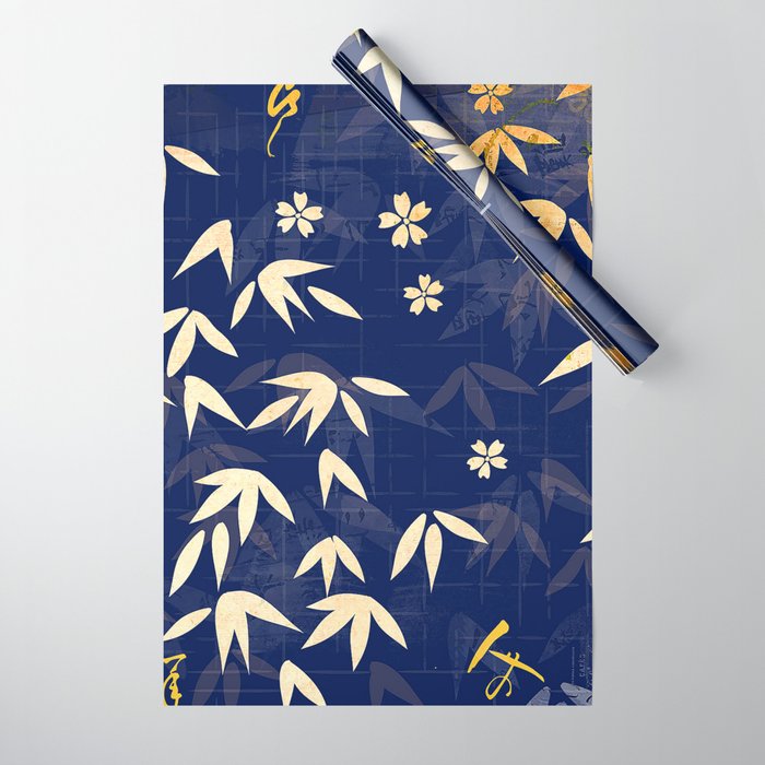 Vintage Japanese Paper Design Floral Pattern In Midnight Blue Wrapping Paper Gallery Image 1