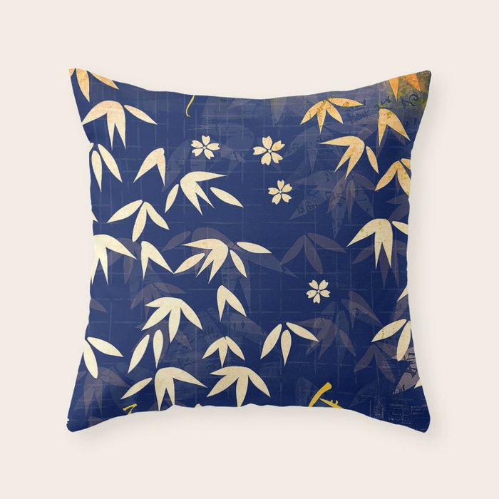 Vintage Japanese Paper Design Floral Pattern In Midnight Blue Throw Pillow Gallery Image 1