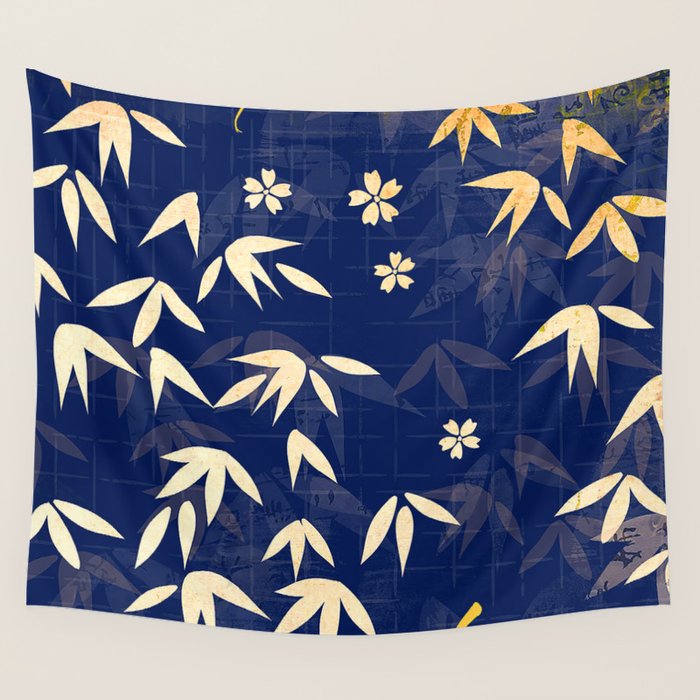 Vintage Japanese Paper Design Floral Pattern In Midnight Blue Wall Tapestry Gallery Image 1