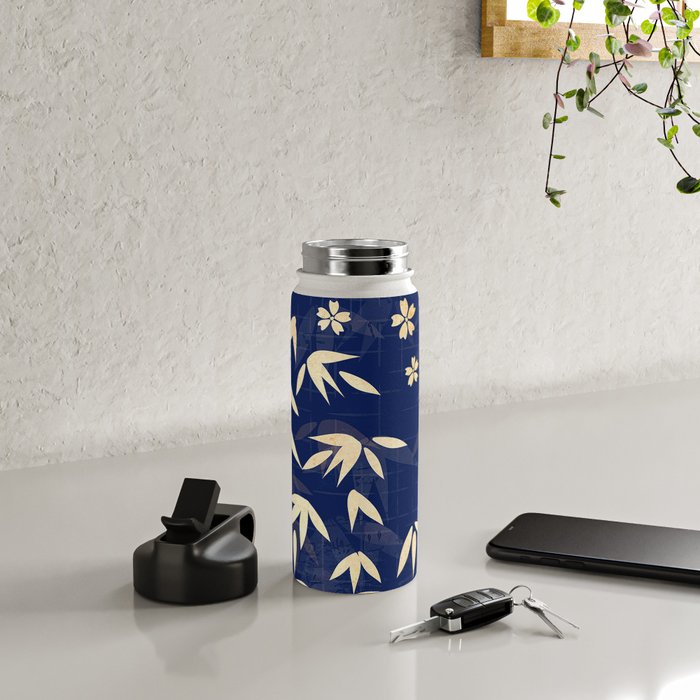 Vintage Japanese Paper Design Floral Pattern In Midnight Blue Water Bottle Gallery Image 4